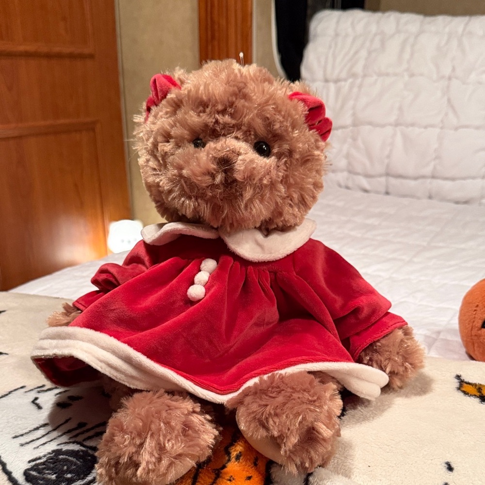 Charming Brown Teddy Bear in Red Dress